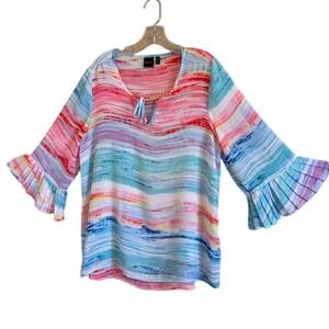 Rafaella Women's Pastel Multicolor 3/4 Bell Sleeve Tunic Blouse LG